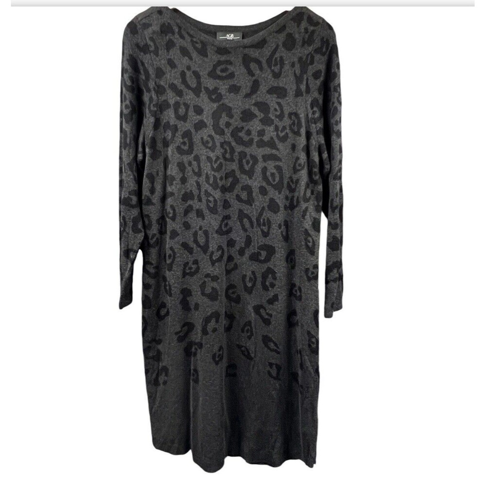 AGB Sweater Dress Womens Large All Over Leopard Print Ballet Neck Charcoal